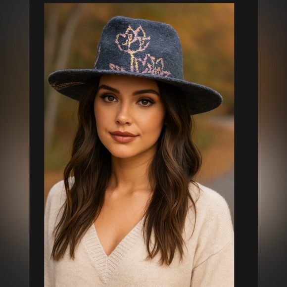NWT Jessica Simpson Floral Fall Fedora Bohemian Hat in Blue with Pastel flowers - Picture 1 of 8